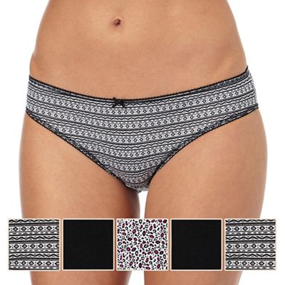 Pack of five assorted plain, Aztec and animal print bikini briefs